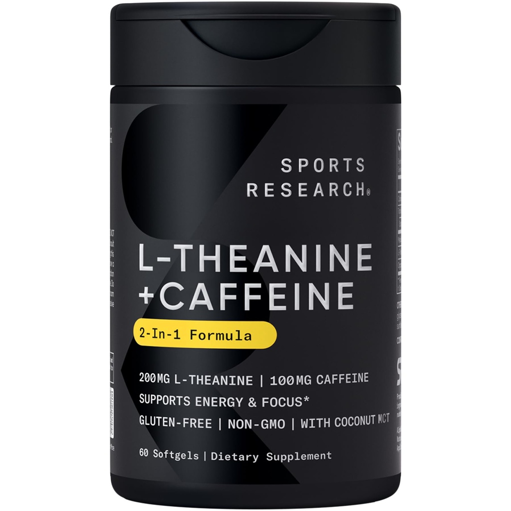 Sportonderzoek L-Theanine Supplement met Cafeïne & Coconut MCT olie - Gerichte energie, alertheid & ontspanning zonder slaap - 200mg L Theanine, 100mg Biologische Cafeïne - 60 Liquid Softgels