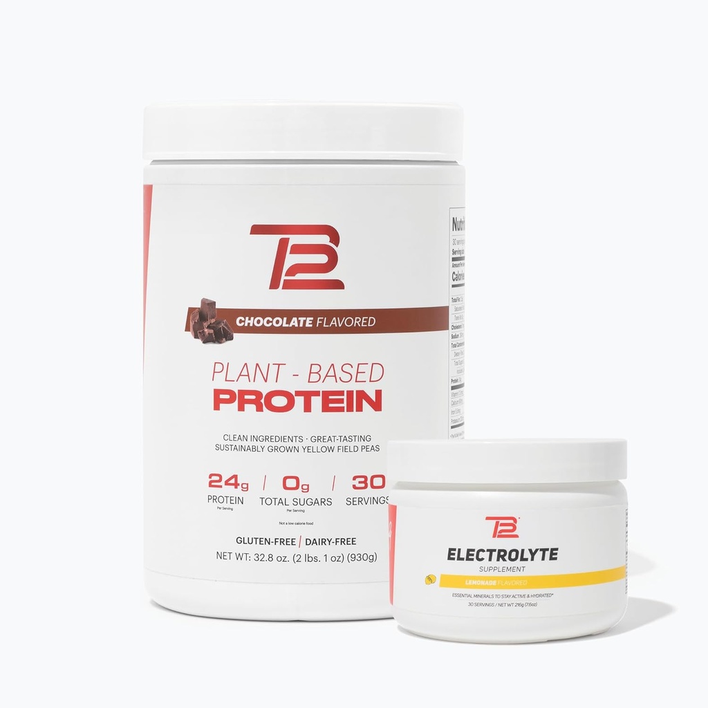 TB12 Plant-gebaseerde sterkte- en hydratatiebundel (Chocolate Protein Powder & Limonade Electrolytes), ondersteuning spierherstel & hydratatie, zuivelvrij, niet-GMO, sojavrij