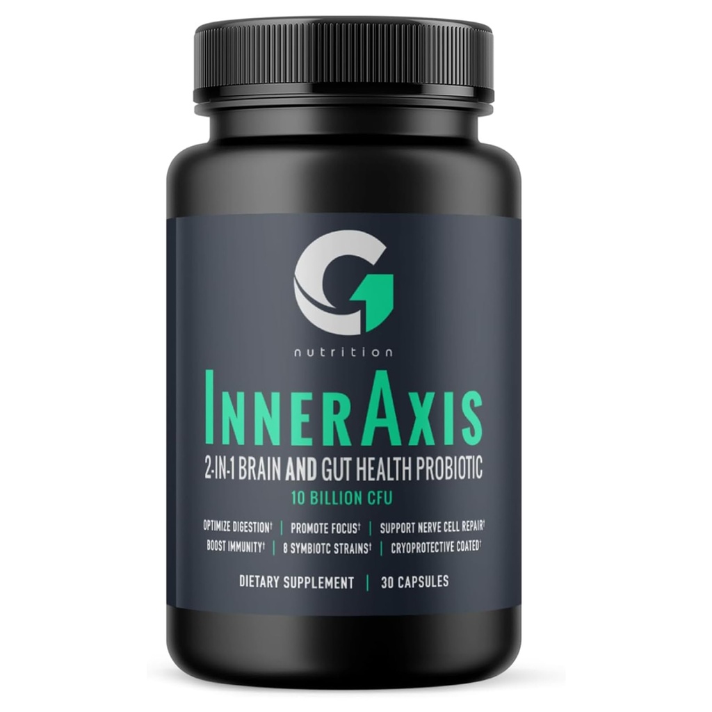 InnerAxis 2-in-1 Brain and Gut Health Probiotic, 10 Miljard CFU, 8 Symbiotische Strains for Gut, Psychobiotic, Mood and Brain Support, Acidophilus Probiotic for Women and Men, 30 Servings