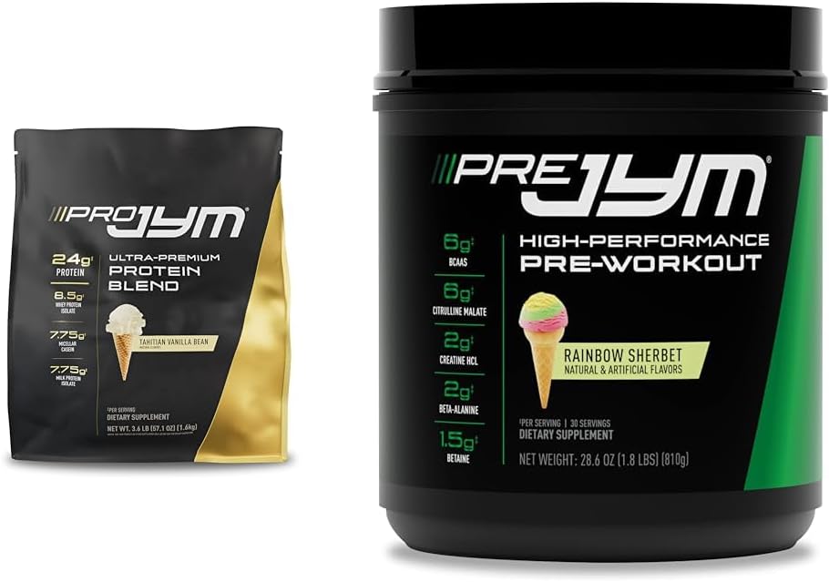 PRO JYM 45 Servers - Tahitian Vanilla Bean & Pre Jym Rainbow Sherbet, 30 Servers, Rainbow Sherbet, 1,8 Pond (Pack of 1)