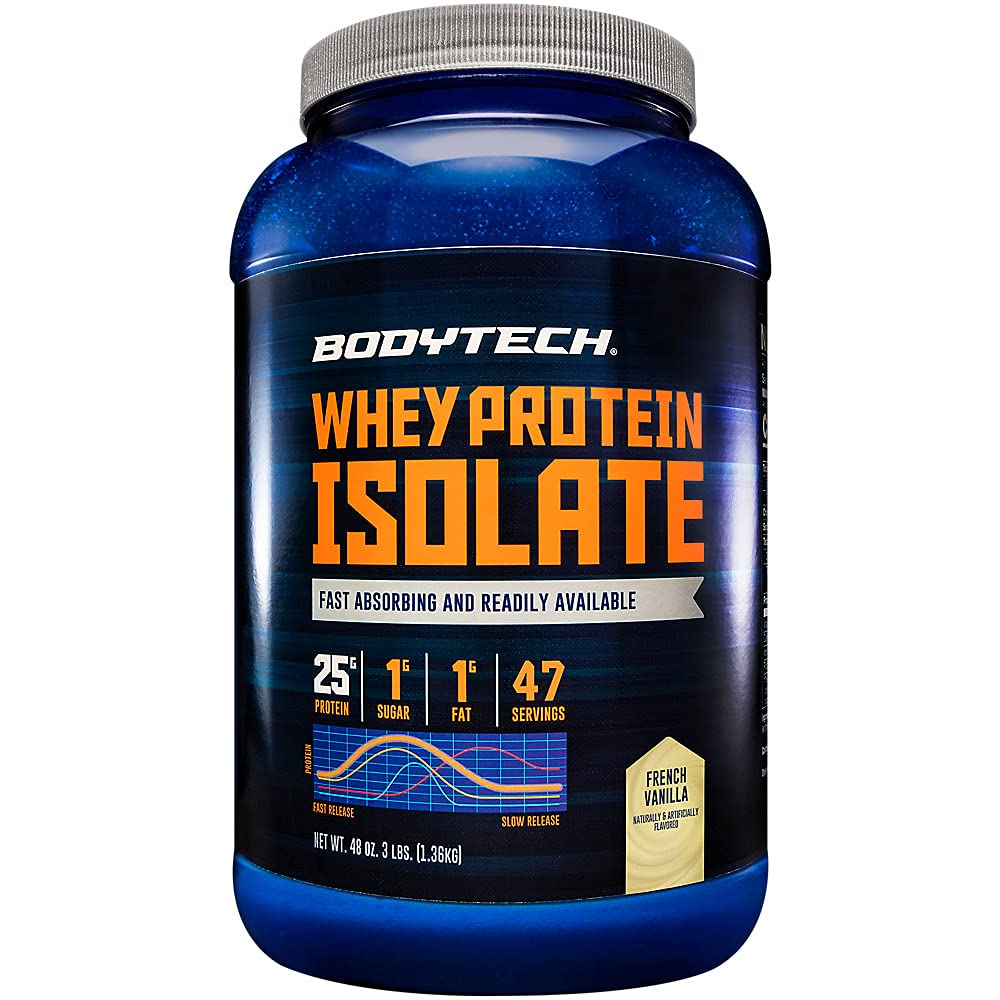BodyTech Whey Protein Isolate Powder, Vanilla Flavor, 25g Protein per Serving, High Concentrated Protein Powder with Amino Acids & BCAAs for Men and Women, Gluten Free, 3 lbs, 47 Servings