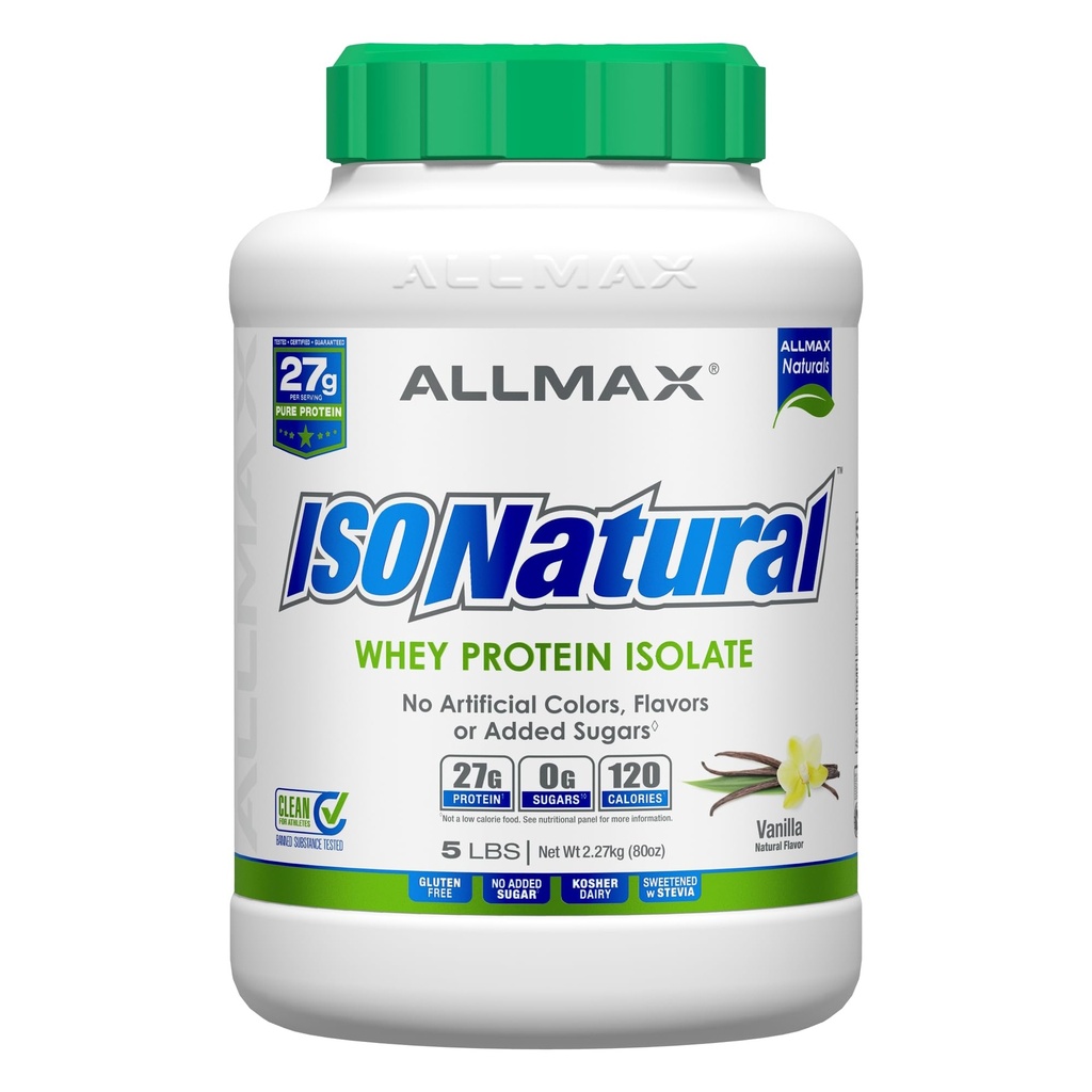 ALLMAX Nutrition ISONATURAL Wei proteïne isolaat, vanille - 5 lb - 27 Gram eiwit per scoop - Zero vet & suiker - 99% Lactosevrij - met prebiotica - Geen kunstmatige smaken - 73 Servers