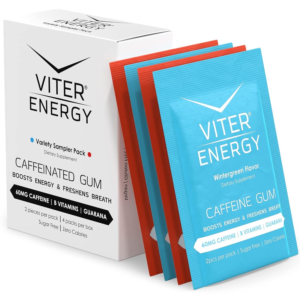 Viter Energy Cafeïnated Gum 60mg Cafeïne, B Vitaminen, Guarana, Suikervrij. (Variatie, 2st, 4 Pack)