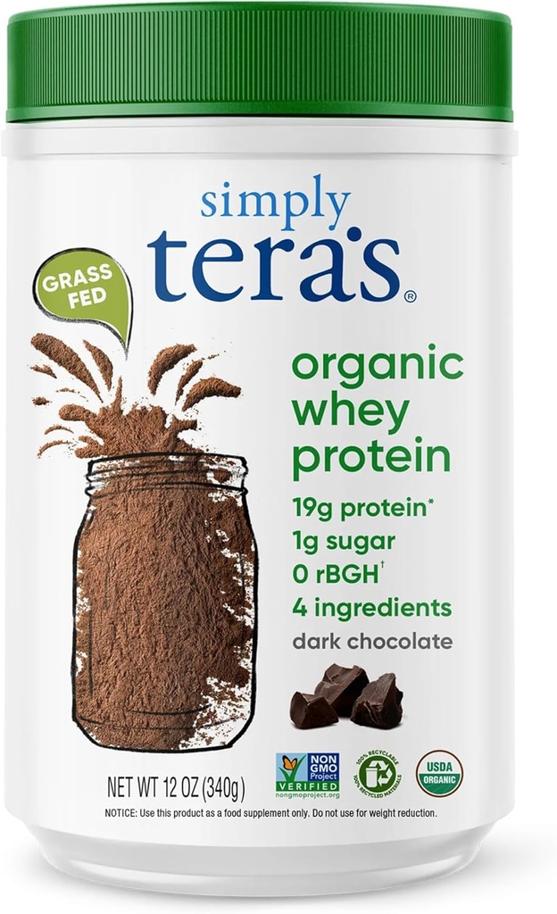 Simpelweg tera's Biologische Wei Proteïne Poeder - Gras Fed Wei Proteïne Poeder zonder kunstmatige Zoetstoffen, Schoon, Non-GMO, Glutenvrije - Donkere Chocolade, 12 Oz.
