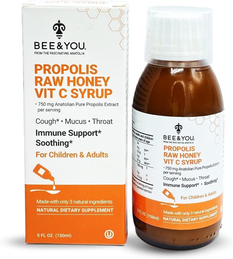 Bijen en u Propolis Extract Hoest Siroop w/Vitamine C, Verzachtende Honing, Natuurlijke Immuun Ondersteuning, Sore Throat Relief, Antioxidanten, voor kinderen & volwassenen, 5 Fl Oz, voor mannen en vrouwen