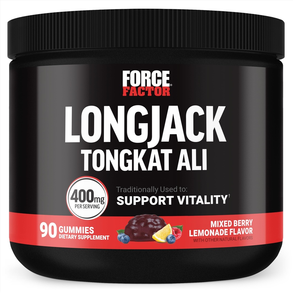 Force Factor Longjack Tongkat Ali Gummies, Tongkat Ali voor mannen om mannelijke vitaliteit en aandrijving te ondersteunen, 400mg Tongkat Ali met bioperine, gemengde Berry Lemonade, 90 Gummies