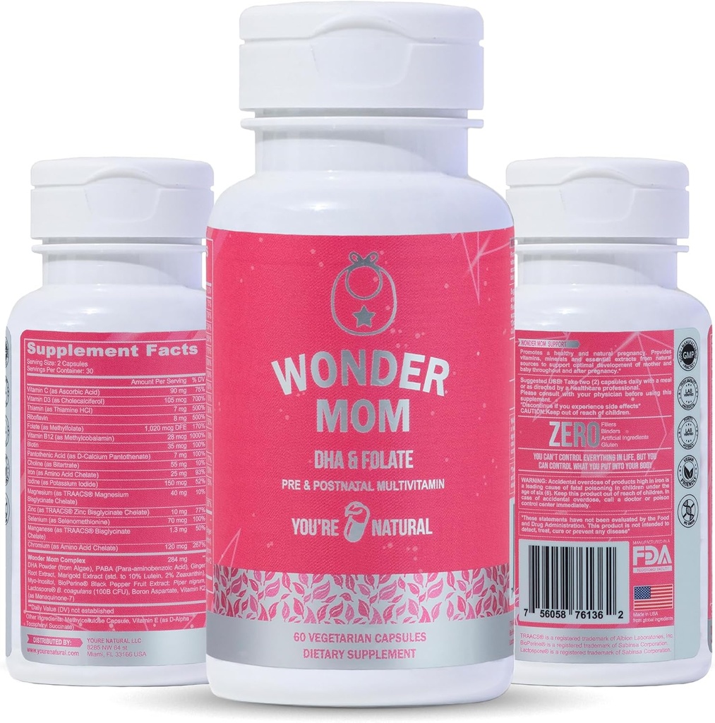 Premium prenatale en postnatale vitamines: Folaat, DHA, choline, ijzer, B12, multivitamine en probiotica, ondersteunt de ontwikkeling van foetushersenen, zwangerschap en postnatale gezondheid, veganistisch, non-GMO, glutenvrij, 30 dagen