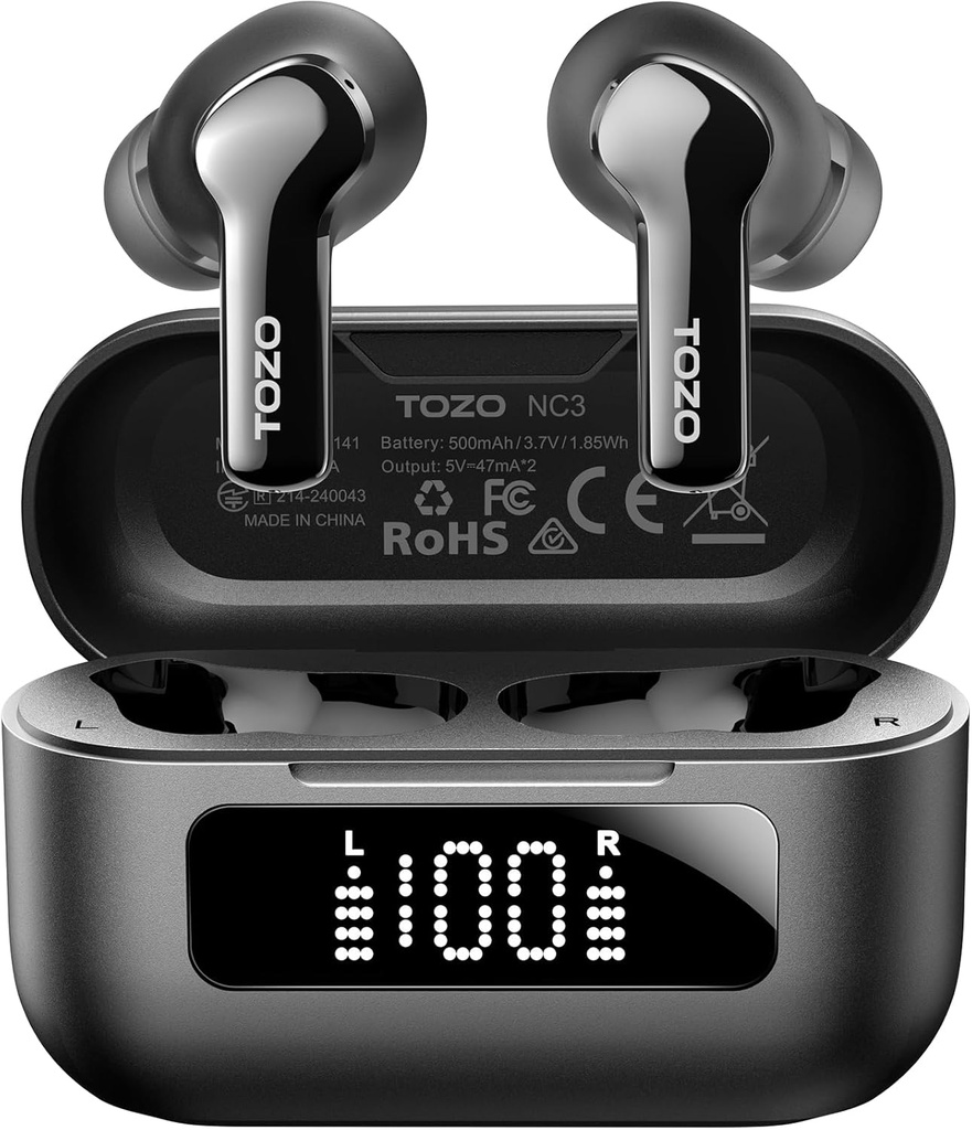 TOZO NC3 Hybrid Active Noise Cancelling Draadloze oordopjes met 6 Mics AI Clear Call Ear Buds 55H Playtime met LED Display 32 Preset EQs via APP Bluetooth 5.3 IPX8 Waterdicht in oorkoptelefoons