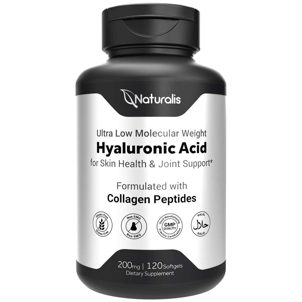 Naturalis Hyaluronzuur 200mg, 10x Betere absorptie Ultra Low Molecular Gewicht met Collageen, Biotine, Selenium & Vitamine E Haar, Huid, Nagels & Gezamenlijke Supplementen 