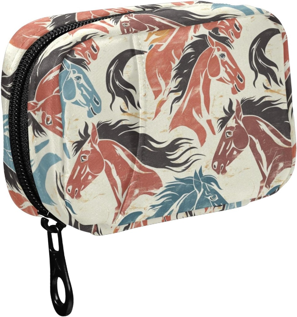 Fustyad Hand Draw Retro Kleurrijke Horse Heads Pill Organizer voor Purse, Weekly Portable Pill Box met rits naar opslag Vitaminen Visolie Medicijnen Supplementen