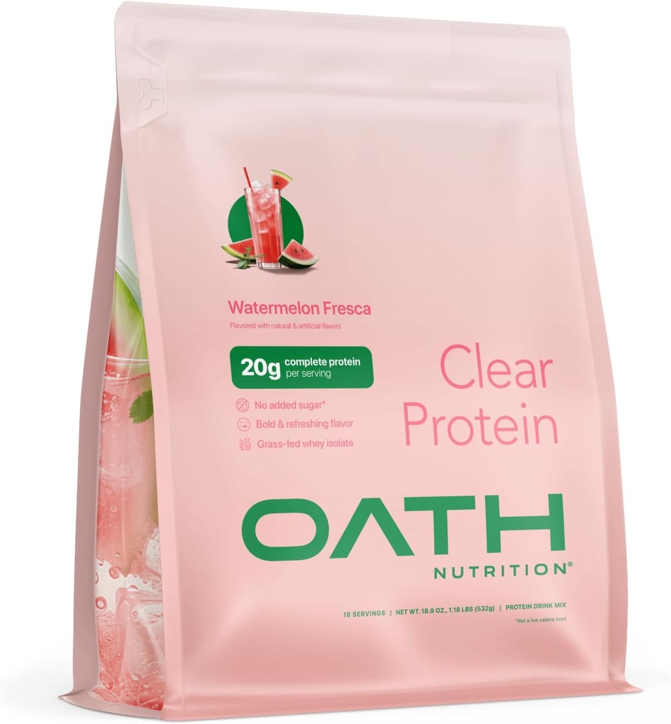 Oath Nutrition Clear Whey Isolate Protein Powder, Watermelon Fresca, 20g Complete Protein per Serving, No Added Sugar, Grass-Fed, 18 Servings