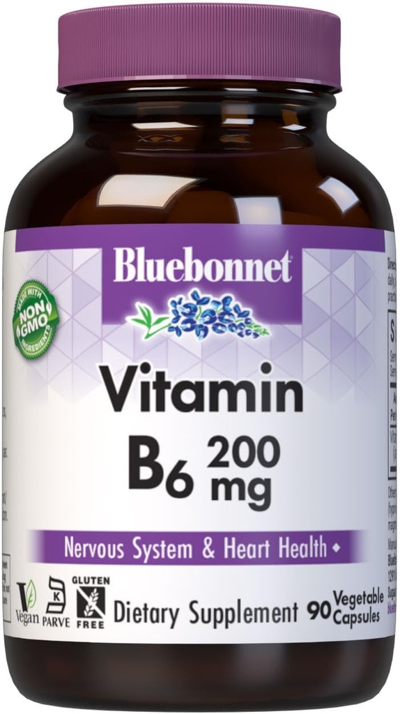 Bluebonnet Voeding Vitamine B6 Plantaardige Capsules, 200 mg, Voor Cardiovasculaire en Zenuwstelsel Gezondheid, Sojavrij, Glutenvrij, Kosjer, Zuivelvrij, Veganistisch, Niet-GMO, 90 Plantaardige Capsules, 90 porties