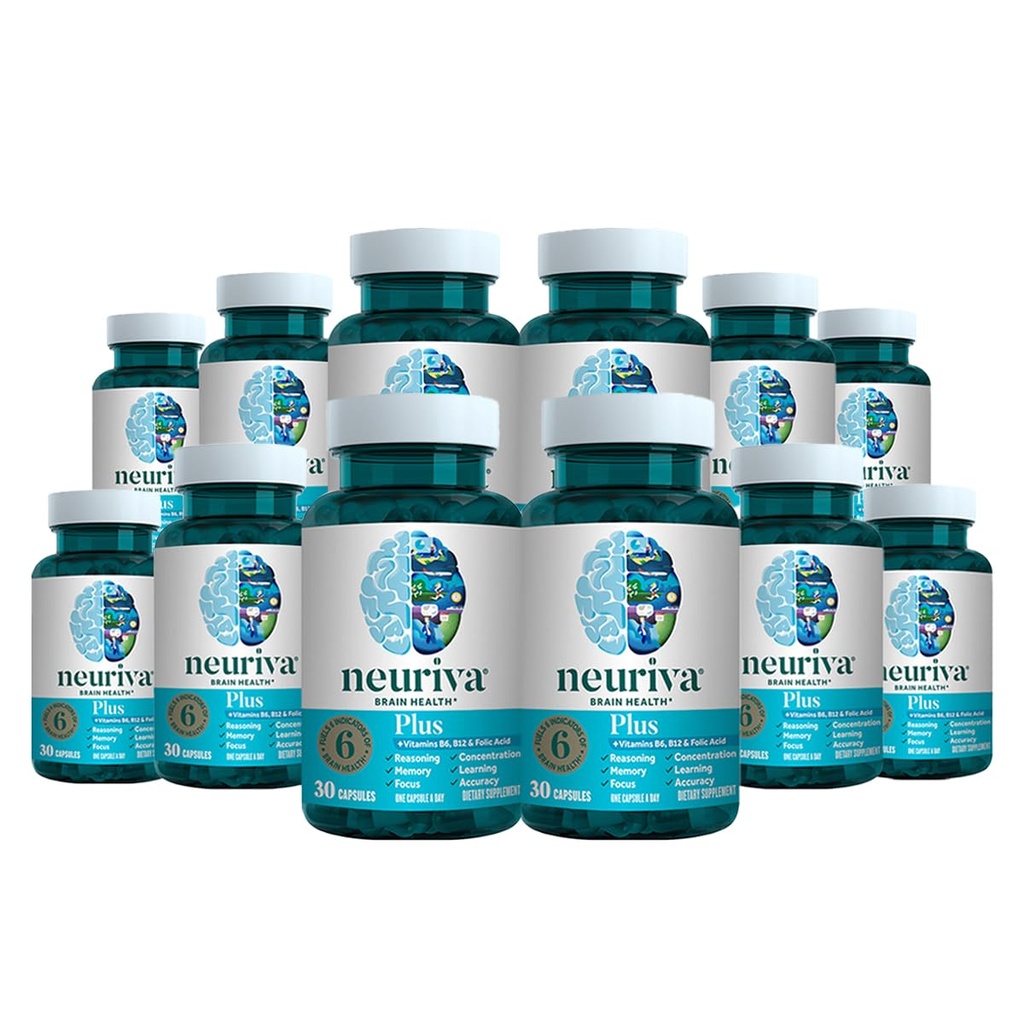 NEURIVA Plus Hersensupplement voor Geheugen, Focus & Concentratie + Cognitieve functie met klinisch geteste Nootropics Fosfatidylserine en Neurofactor, VIT B6 & B12, 30 Telcapsules (12 Pack)