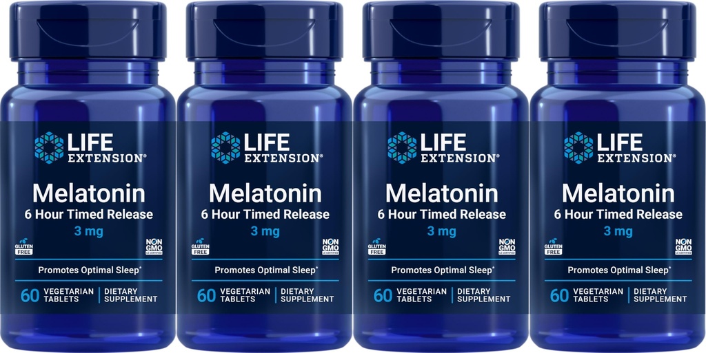 Levensverlenging Melatonine 6 uur bedenktijd Release 3 mg, 60 Vegetarische tabletten (verpakking van 4)