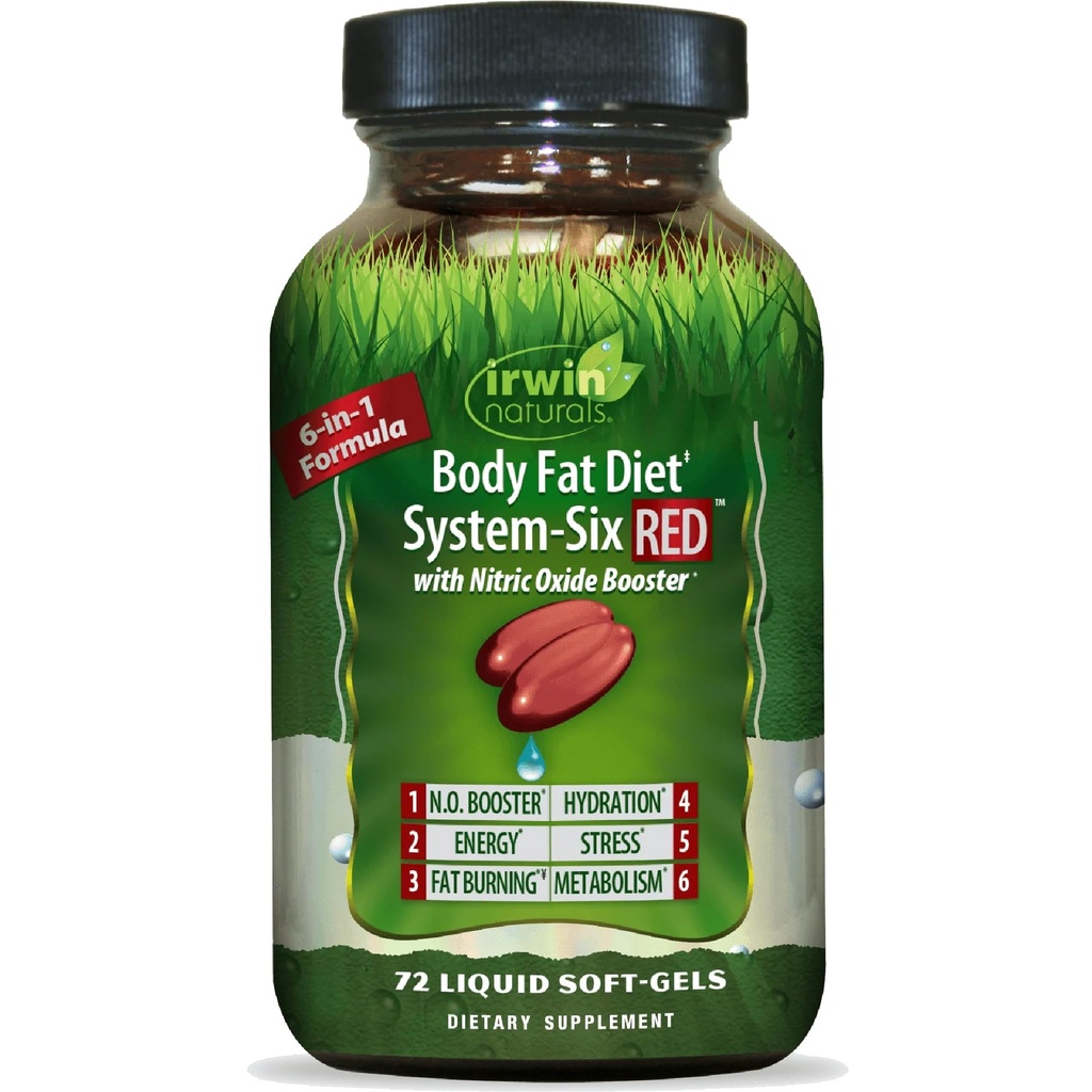 Irwin Naturals Body Fat Diet System-Six RED - 72 Liquid Soft-Gels, 6-in-1 Formule voor gewichtsmanagement met Nitric Oxide Booster - 24 Totaal porties
