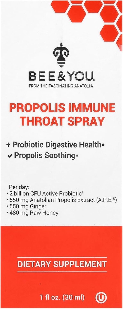 Bee and You Propolis and Probiotic Throat Spray with Ginger, Immune Support, Digestieve Gezondheid, Antioxidanten, Keto, Paleo, Glutenvrije, 1 Fl oz
