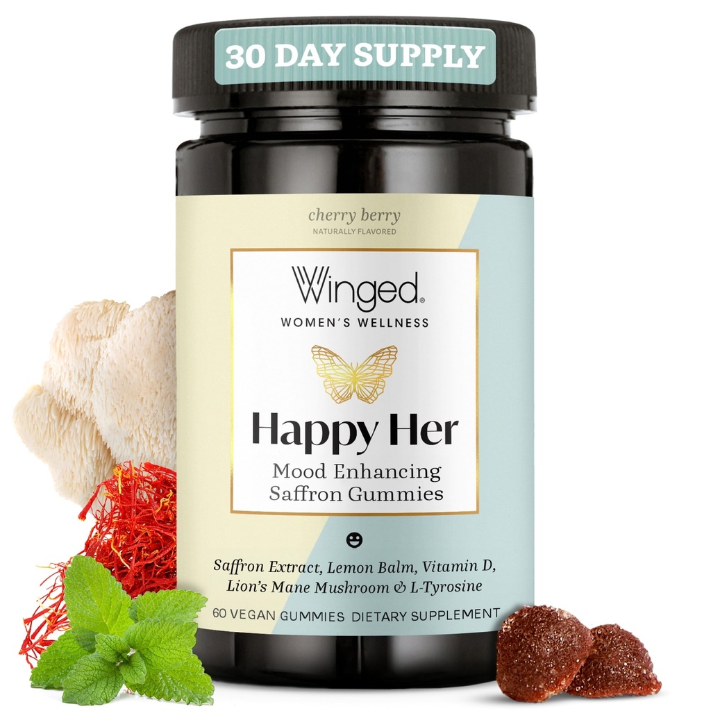 Winged Wellness Happy Her Mood Gummies - Daily Mood Enhancer Ondersteuning Supplement voor vrouwen - Saffraan, citroenbalsem, vitamine D & Lions Mane Paddenstoelen voor Balance & Calming Relief - 50 Vegan Gummies