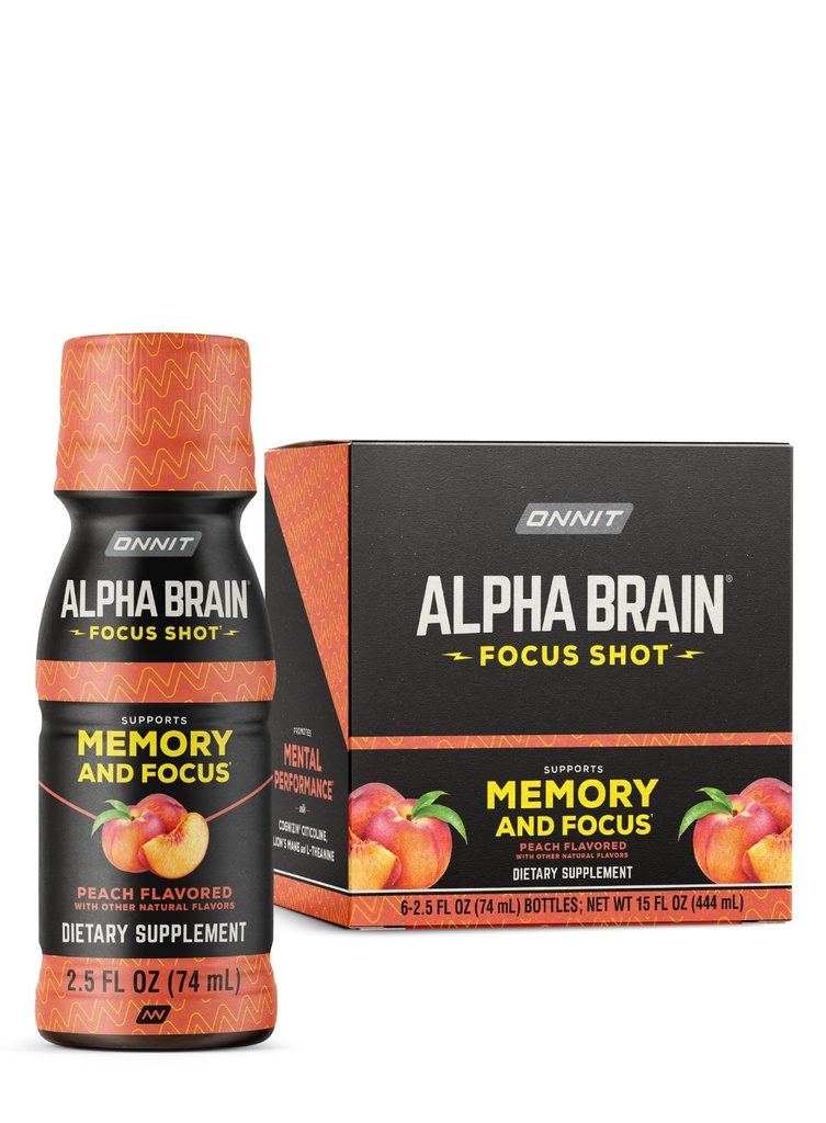 ONNIT Alpha Brain Focus Shot, Perzik smaak, Nootrope Dieet Supplement Drink die ondersteuning biedt voor energie, focus, en goed, IgenTM Non-GMO Tested, 2.5 f oz, 6 Tellen