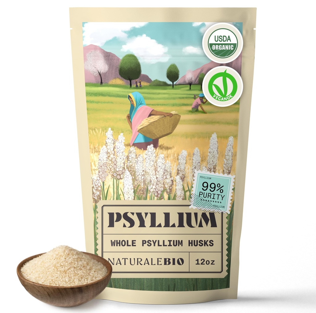 NaturaleBio Whole Psyllium Husk. 12 oz. 99% Pure Psyllium Seed Husks. Natuurlijke vezelsupplement. USDA Organic Certified. Geproduceerd in India. Glutenvrij, Keto, Paleo, Vegan dieet. Probiotica