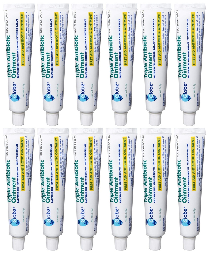 Globe (12 Pack) Triple Antibiotische Eerste Hulp Zalf 1 oz, Eerste Hulp Antibiotische Zalf, 24-uurs infectie bescherming, Wondverzorging behandeling voor kleine scrapes, brandwonden en snijwonden