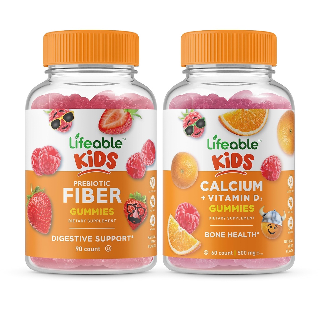 Levensbaar Prebiotic Fiber Kids + Calcium met vitamine D Kids, Gummies Bundle - Grote Proeverij, Vitamine Supplement, Glutenvrij, GGO vrij, Kauwbare Gummy