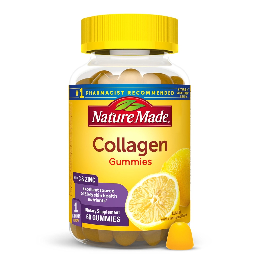 Nature Made Collageen Gummies met vitamine C, Zink en Biotine, Gehydrolyseerde Collageen Peptides Supplement voor gezonde huidondersteuning, 60 Gummies, 60 dagen levering