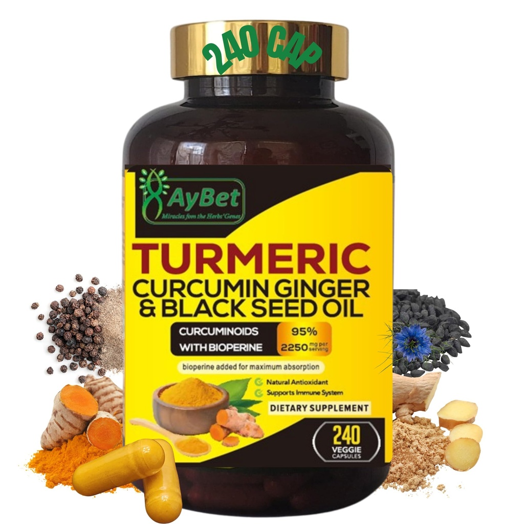 Wereld 1st.Kurkuma Curcumine Gember&Zwarte Zaadolie, 240 Caps, 2250mg, 95% CurcumaÔden, BioPerin Toegevoegd, Extra sterkte, Organisch, Halal, Veganist, Ondersteuning Immune System, Antioxidant, Gezamenlijke Ondersteuning