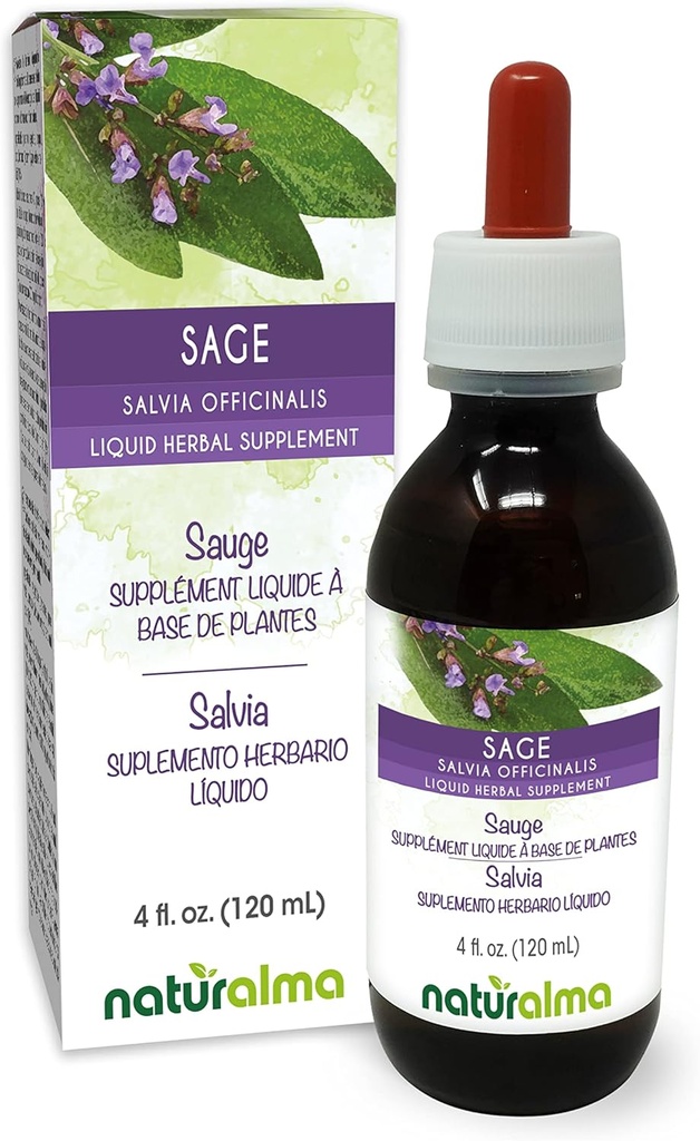 Naturalma Sage (Salvia officinalis) Leaf Alcohol-Free Tincture - 4 fl oz Liquid Extract in Drops - Herbal Supplement - Vegan