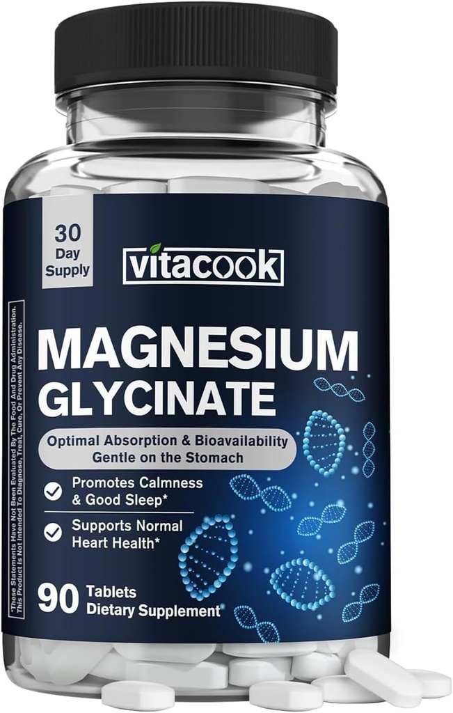 Magnesium Glycinate 300 mg, Natuurlijke Kalmte, Gezonde Mood & Cardiovasculaire Ondersteuning, Hoge Potentie en Ultra-Absorbeerbare, Niet-gebufferde, Niet-GMO, 90 tabletten