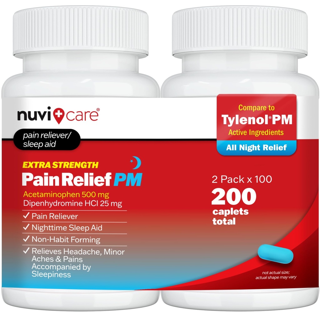 Extra sterkte pijnverlichting PM - Acetaminofen 500mg & Difenhydramine 25mg - Vergelijk met Tylenol PM Extra sterkte slaaphulp - Adult PM pijnstiller voor nachtelijke pijn (100 tabletten)