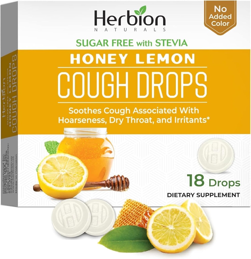 HERBION Naturals Cough Drops, Sugar-Free met Stevia, Dieetsupplement, Soothes Hoest, voor volwassenen & kinderen ouder dan 6 jaar, 25 druppels Elke (18 telling (pakket van 1), honingcitroen)