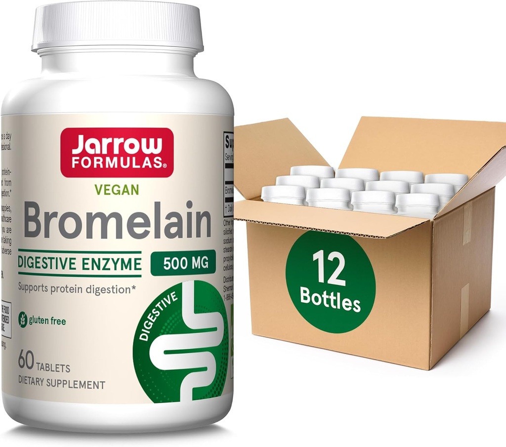 Jarrow Formulas Bromelain Tablets, 500 mg Dieetsupplement voor eiwitdigestie, 60 tabletten, 60 dagen Supply, (verpakking van 12)