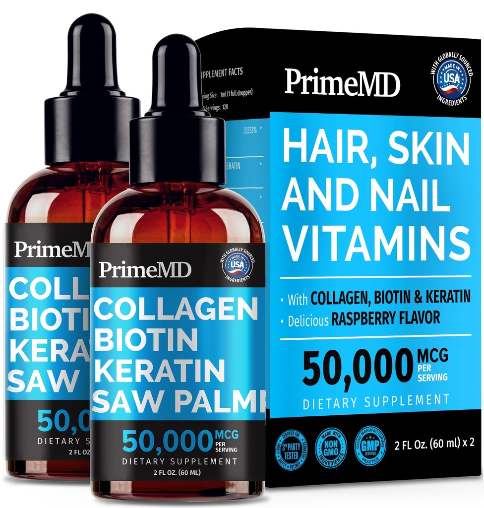 Liquid Collagen Peptides for Women - Serum Complex with Biotin Vitamin, Hydrolyzed Keratin Protein and Saw Palmetto - Comprehensive Formula for Hair, Skin, and Nails Wellness - 2fl oz (Pack of 2)