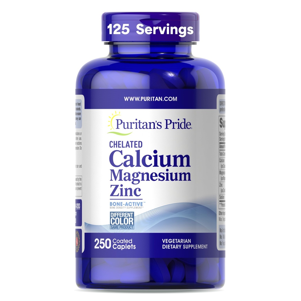 Puritan's Pride Premium Chelated Calcium Magnesium Zink met Bone-ActiveTM, Dieetsupplement voor Bone Health en Immuun Functie Ondersteuning, 250 Coated Caplets
