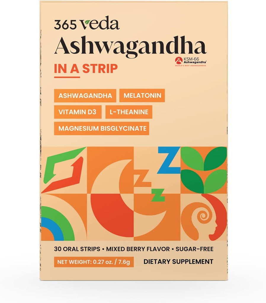 Ashwagandha Oral Strips 100 mg KSM 66 Ashwagandha, L-Theanine, Melatonine, Vitamine D3 en Magnesium, Vegan Strip voor mannen en vrouwen, Suikervrij, Non-GMO, 30 Oral Strips (Berry)