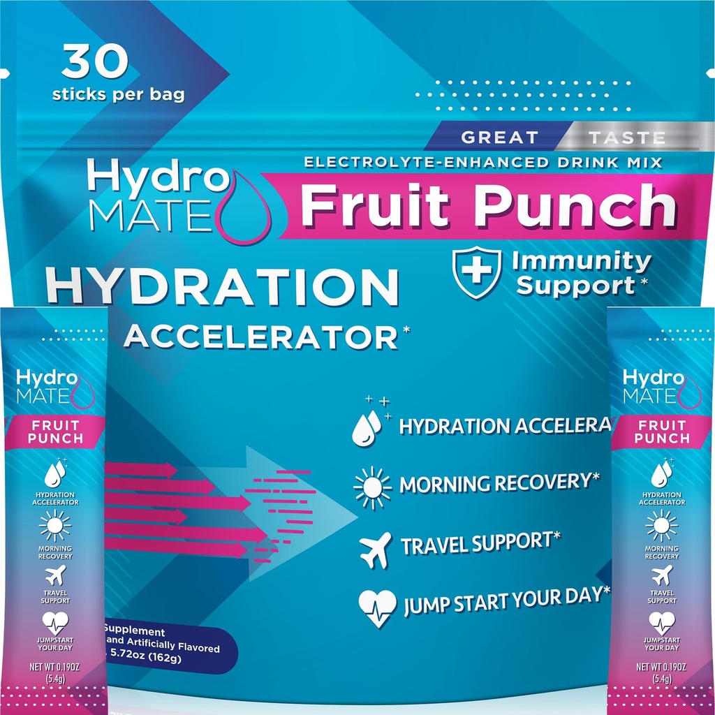 HydroMATE Electrolyte Poeder Fruit Punch Hydration Packets Lage suiker 30 Tellen