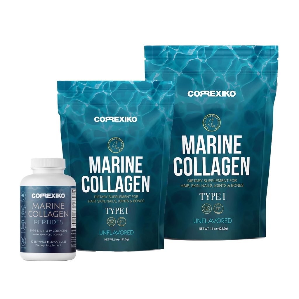 CORREXIKO Marine Collagen Supplement Pills & Powder Bundle - Includes 10,000mg Double Hydrolyzed Collagen Powder 15 oz & 5oz and 1800mg Collagen Peptides 120 Capsules - for Hair, Skin & Nails
