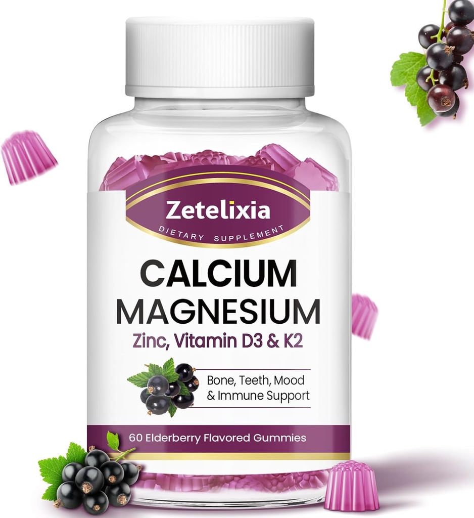 Calcium Gummies with D3, Calcium Magnesium Supplement with Glycinate, Potassium,Vitamine D3 & K2, &Whole Natural Food for Bone & Immune Support- 60 Kauwbare Gummy Vlierbessen Smaak