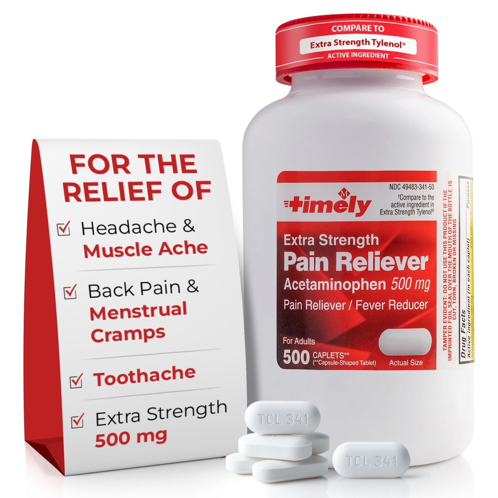 Tijdig Acetaminofen 500mg - 500 Caplets - Extra sterkte pijnverlichting - Vergeleken met het werkzame bestanddeel in Extra sterkte - Menstruele krampen, koortsreducer, lichte pijn van artritis