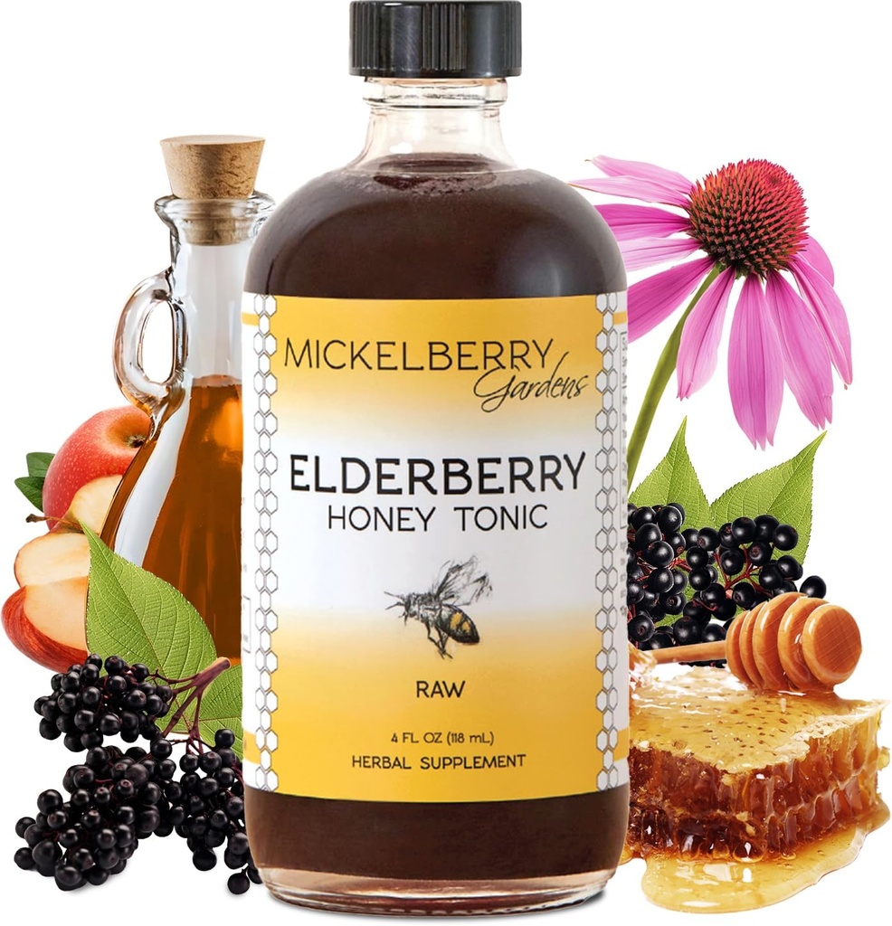 Mickelberry Gardens Elderberry Honey Tonic, Sambucus Siroop, Zwarte Vlierbes - Immune Ondersteuning voor volwassenen en kinderen (4 Ounces)