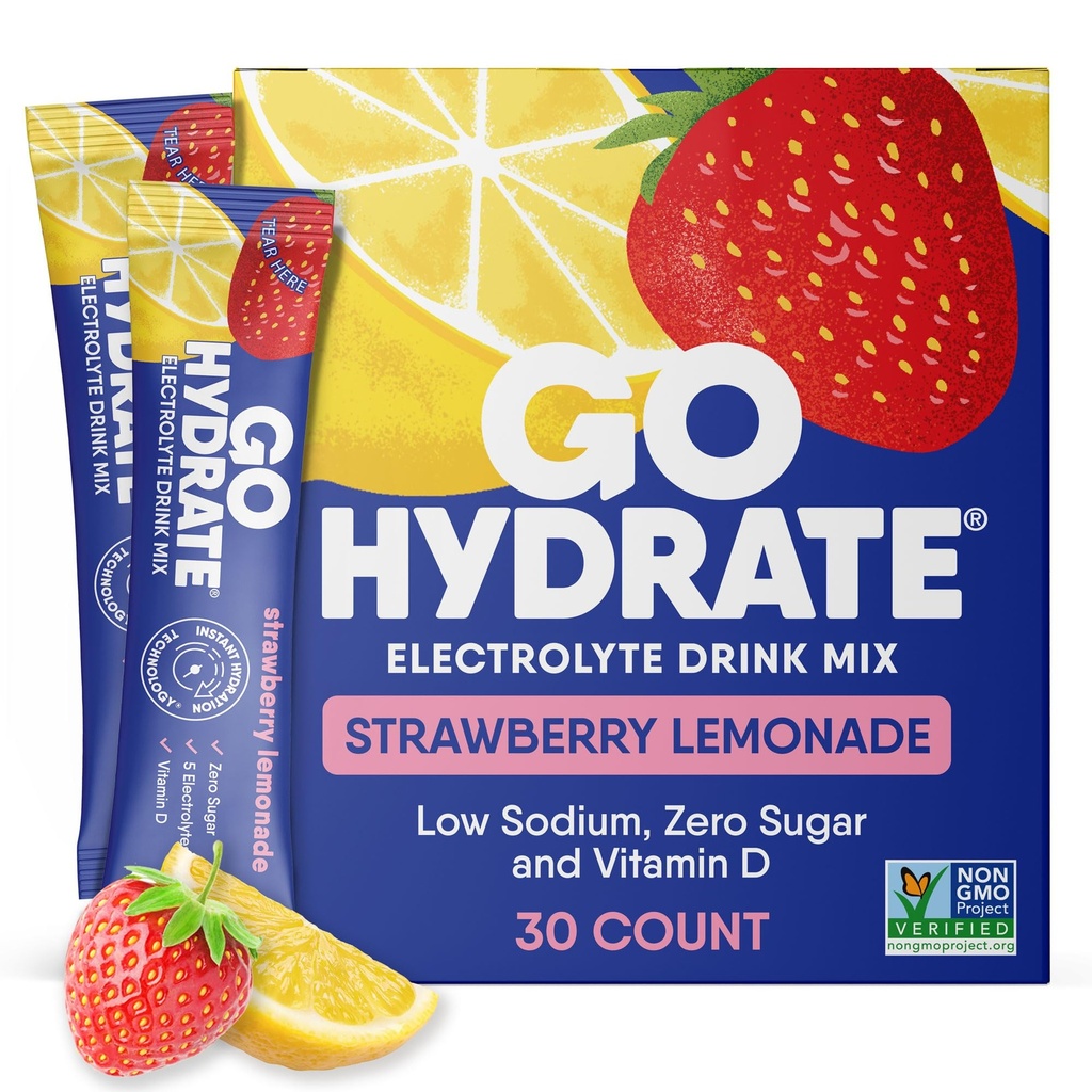GoHydrate Low Sodium Electrolytes Powder Packets Sugar Free - Instant Hydration Daily Drink Mix - Zero Sugar Water Flavor Packet Singles with Vitamin D - (Strawberry Lemonade, 30 Packs)