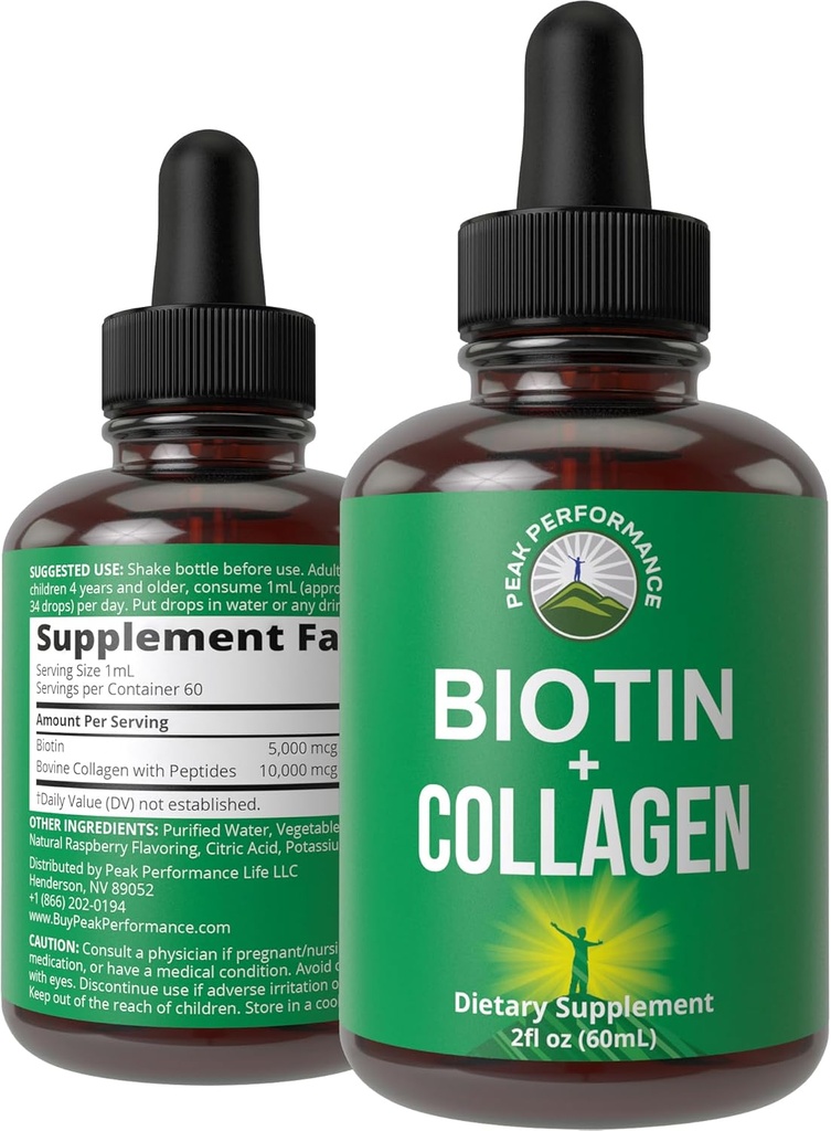 Liquid Collageen for Women and Men with Biotin. Geavanceerde 2-in-1 orale druppels voor haargroei, huid en nagels. 10.000 mcg Bovine Collagen Peptides + 5.000 mcg Biotine. Glutenvrij, Zero Sugar Supplementen