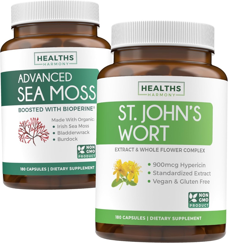 Sea Moss & St. John's Wort (2-maand supply) Mood Moss Blend - Organic Irish Sea Moss - Raw Vegan Supplement (180 Caps) & St John's Wort with Powerful 900mcg Hypericine Vegan Non-GMO (180 Capsules)