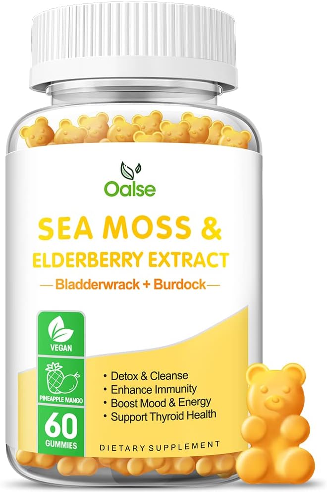 Sea Moss Gummies for Adults and Kids, 2000mg Raw Seamoss, Bladderwrack, Burdock Root, Elderberry, Pepper, Vitamine C & D3, Zink ondersteunt Immune System & Boost Energy (1-pack)
