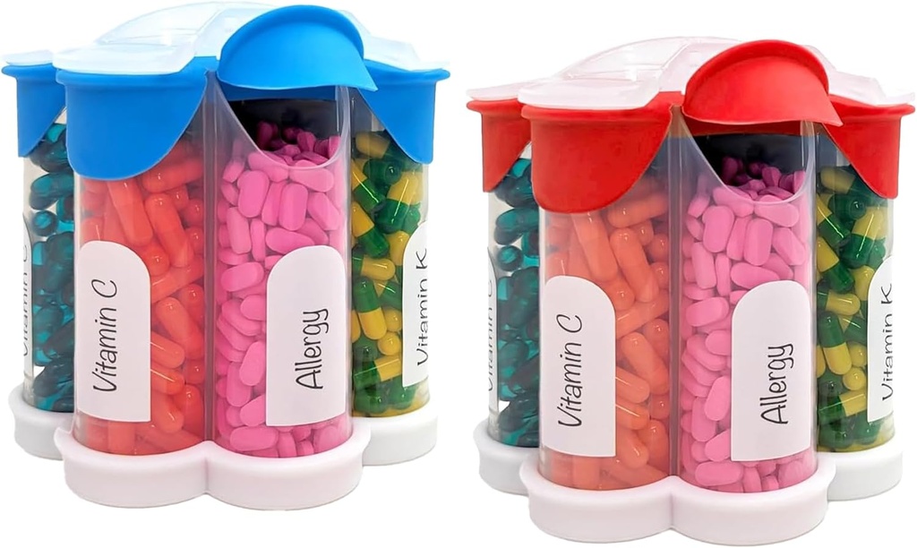 Extra grote pil Organizer dagelijks, wekelijks, maandelijkse supplement fles, schattige Blossom pil Dispenser met 7 XL Compartments (2 Pack Combo) (Lichtblauw en rood)
