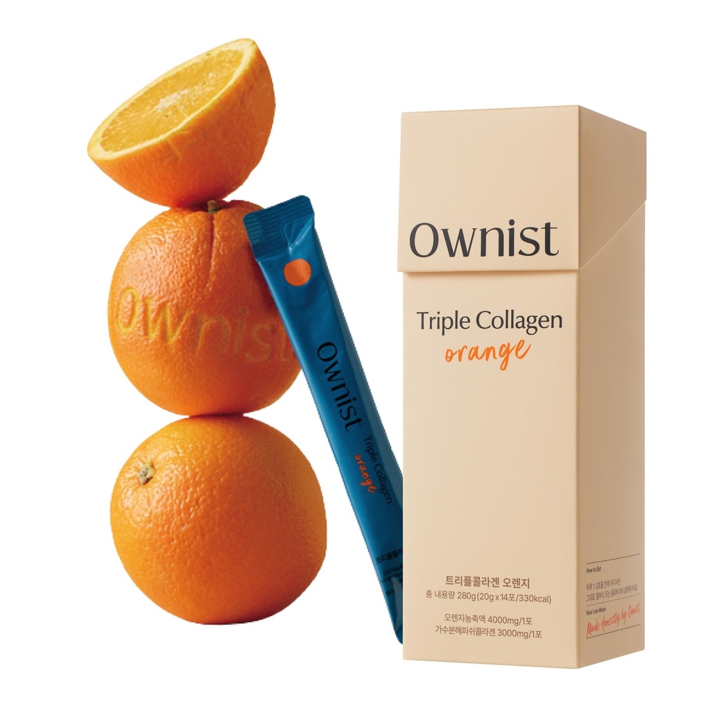 Ownist Triple Collageen Liquid Packets On-The-Go - Peptiden met gehydrolyseerde Marine Collageen, Elastine, Hyaluronzuur en Vitamine voor een gezonde huid - Orange Flavor - 14 Individuele Stick Packs