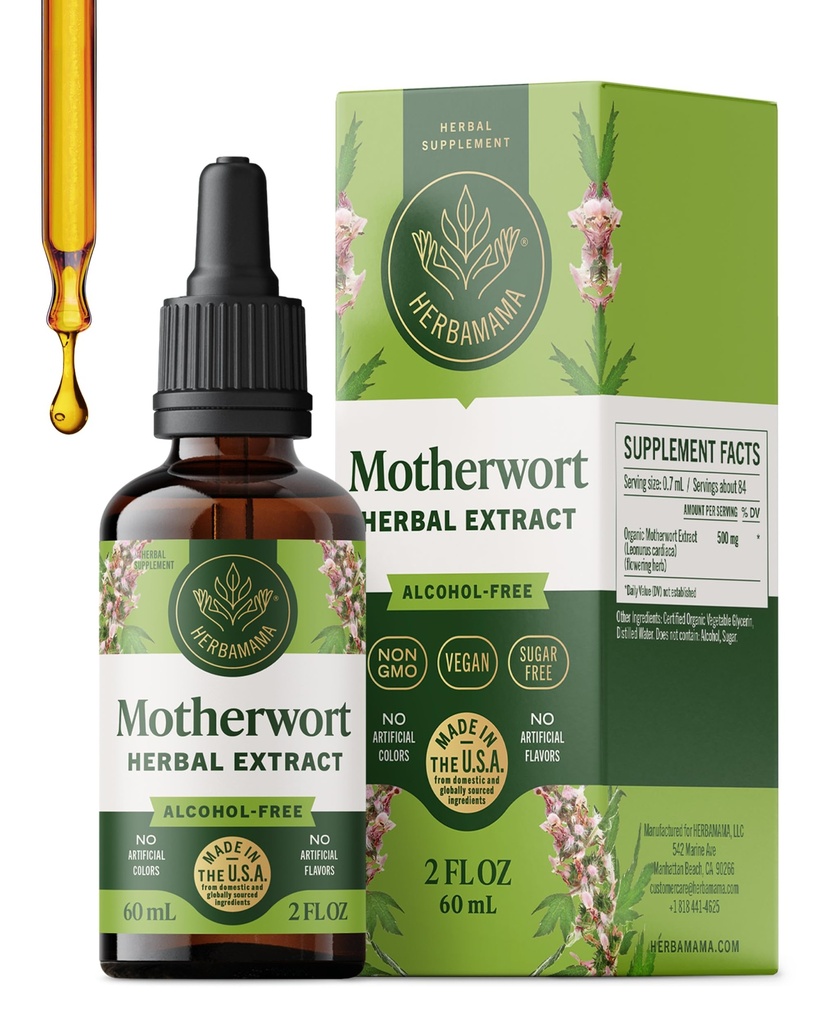 HERBAMAMA Motherwort Tincture - Mood Support Supplement & Women's Wellness | Motherwort Herb • Calming Supplements for Women • Non-GMO • Alcohol & Sugar-Free • Vegan • 28-Day Supply • 2 fl oz