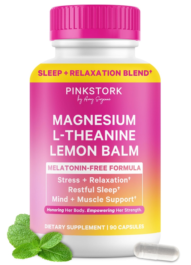 Roze Ooievaars Magnesium Glycinate, L-Theanine, Lemon Balm - Melatonine-vrij Magnesium voor slaapondersteuning - natuurlijke rust en ontspanning - 90 capsules