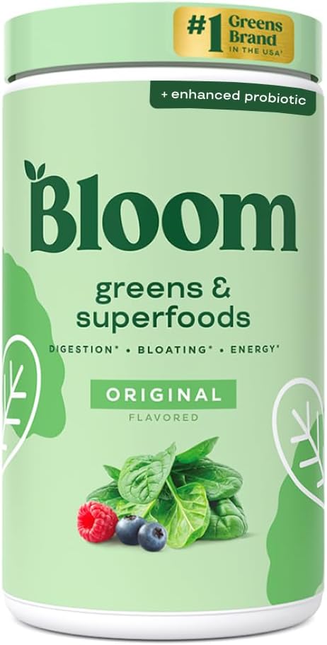 Bloom Nutrition Superfood Greens Powder, Digestieve Enzymen met Probiotica en Prebiotica, Gut Health, Bloating Relief voor vrouwen, Chlorella, Green Juice Mix met Beet Root Powder, 60 SVG, Origineel