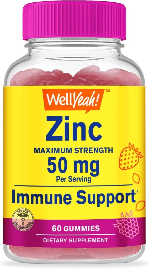 WellYeah Zink Gummies 50 mg - Ondersteunt gezonde immuunfunctie en antioxidant gezondheid - natuurlijke Berry smaak - Glutenvrije, GGO-vrije - Kauwbare Gummy Dieetsupplement - 60 Gummies